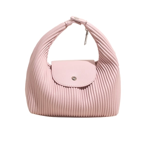 Chic pink pleated handbag with vertical accordion folds and silver round buckle detail