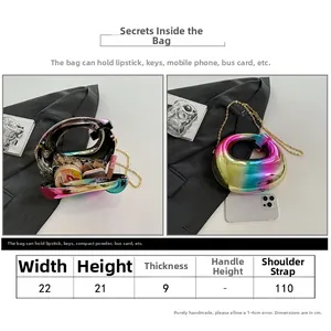 Detailed size guide and capacity chart for the gradient acrylic hard shell evening bag