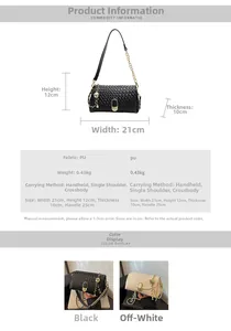 Detailed view showing woven texture, metal twist lock, and PU leather dimensions of the bag