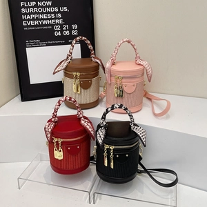 Cylinder Bucket Bag PU Leather Woven Straw Handbag With Satin Scarf Handle Crossbody Shoulder Retro Fashion For Women