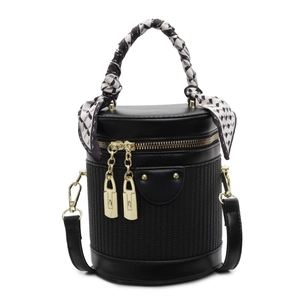 Black woven leather bucket bag with silk scarf handle and adjustable shoulder strap