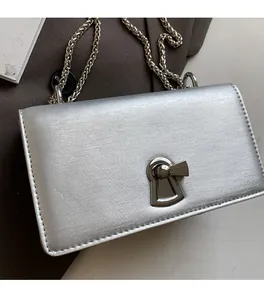 Macro shot of silver satin texture square bag with metallic twist lock and chain strap