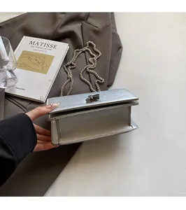 Detailed view of a silver textured handbag with a metallic twist lock and elegant chain strap