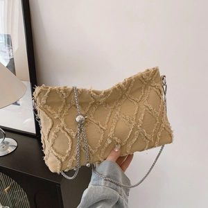 Khaki fringed denim hobo bag with quilted texture and silver chain strap with ball charm