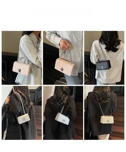 Collage of fashion chain crossbody bags in pink, black, silver and beige on models
