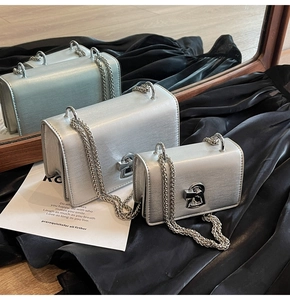 Detail of silver chain bags in medium and small sizes with metallic brushed texture and lock