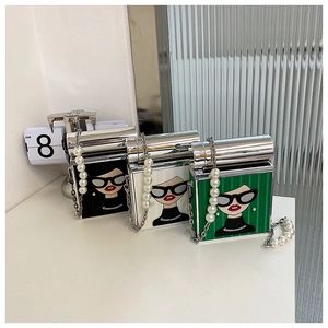 Women Shoulder Crossbody Bag PU Leather Metal Box Shape Cartoon Print Fashion Streetwear With Artificial Pearl Chain Strap