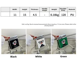 Size chart for women's cartoon print box bag showing dimensions and PU leather specs