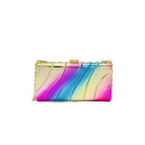 Pochette de soirée dégradé arc-en-ciel avec texture ondulée et chaîne dorée
