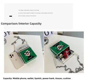 Detail view of green cartoon printed crossbody bag interior and smartphone size comparison