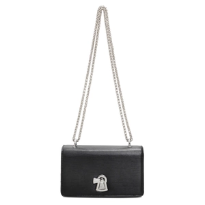 Minimalist black glossy leather chain bag with silver unique buckle and dual straps