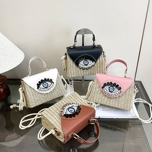 Evil Eye Straw Woven Handbag PU Leather Flap Bohemian Vacation Shoulder Crossbody Bag For Women Artificial Pearl Rhinestone Beadwork