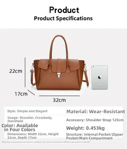 Detailed size specifications and interior structure of the brown leather tote bag