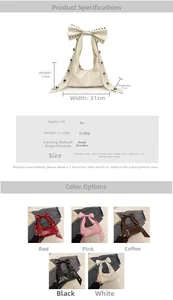 Detail view of rivet bow shoulder bag with dimensions 31x12cm and five color options