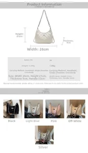 Quilted shoulder bag size chart with dimensions and five color options for selection