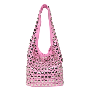 Pink punk hobo shoulder bag with silver round rivets on soft faux leather finish