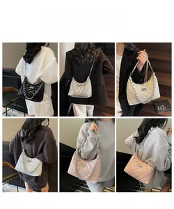 Collage of quilted chain underarm bags in six colors including black, silver and pink
