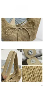 Détails du sac cabas en paille tissée avec poignée en cuir, nœud et fermoir magnétique