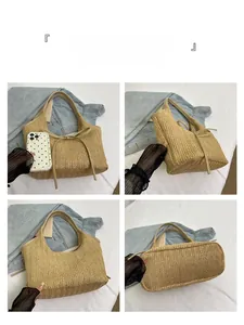 Vue détaillée sur quatre angles du tissage de paille et du nœud en cuir synthétique du sac