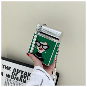 Fashionable green hard shell box bag with cartoon print and pearl chain strap