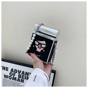 Cartoon girl print box crossbody bag with pearl metal chain and black stripe design