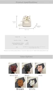 Detailed size specifications and five color variants of the mini bucket bag