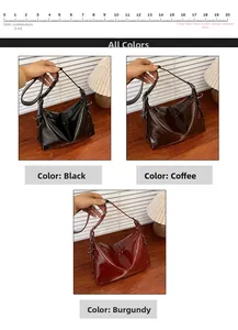Detailed view of high-gloss PU leather tote bags in black, coffee, and wine red colors