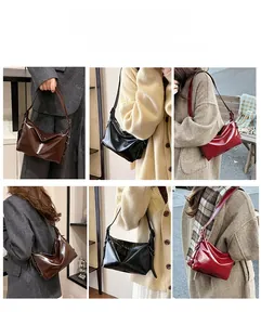 Detailed views of versatile glossy leather tote bag showing multiple carrying styles