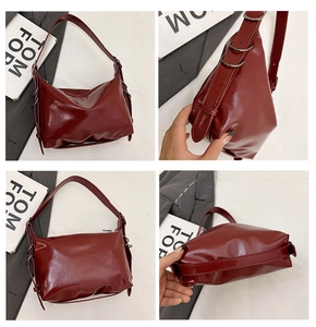 Detail view of burgundy glossy tote bag with silver buckle in four different angles