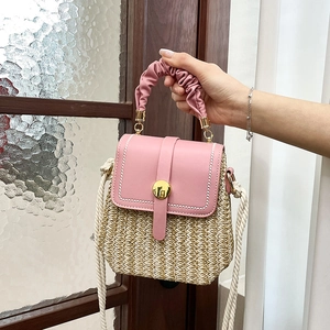 French style beige woven straw handbag with pink leather flap and scrunchie handle