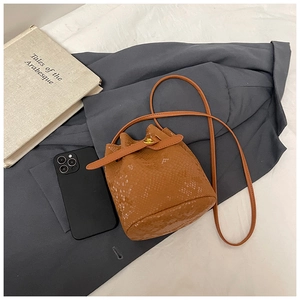 Brown snake-print mini bucket bag with gold lock shown next to a phone for scale