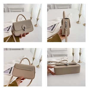 Detail view of beige crossbody bag with textured woven flap and silver buckle from four angles