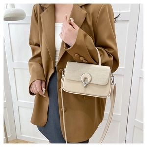 Close-up of beige crossbody bag featuring woven texture flap and silver metal lock detail