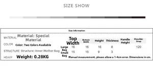 Detailed size chart for evening bag showing dimensions for both inner and outer pouches