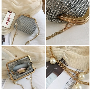 Detail view of silver rhinestone evening bag with gold clasp, pearl chain, and interior