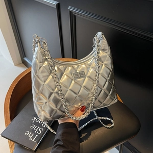 Silver quilted metallic hobo bag with chain strap and elegant rhombus pattern