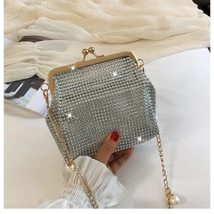Detail of silver rhinestone evening clutch with pearl strap and vintage clasp