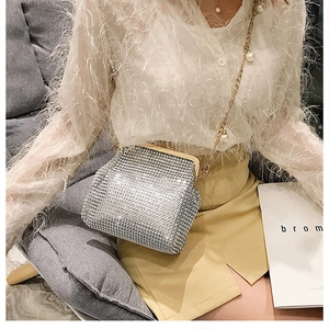Detail of silver rhinestone evening clutch bag with pearl chain and metallic frame