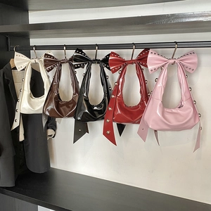 Women Hobo Shoulder Bag Glossy PU Leather Large Bow Silver Metal Rivets Vintage Trendy Sweet Underarm Bag