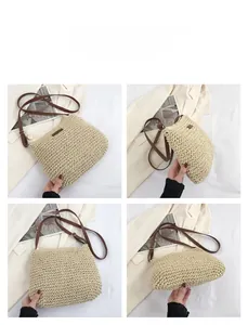 Detail shots of a woven straw shoulder bag with leather straps from multiple angles