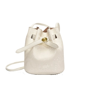 Mini cream bucket bag with python texture and gold metal lock on white background