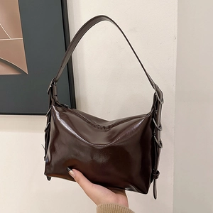 Minimalist vintage coffee brown glossy leather tote bag with silver hardware for women