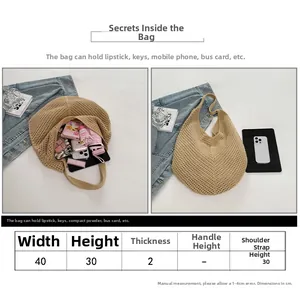 Size chart for casual hollow woven bag showing 40x30cm dimensions and strap length details