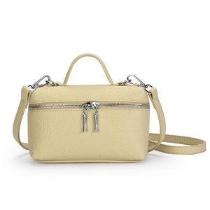 Minimalist beige pebble leather crossbody bag with silver hardware and top handle