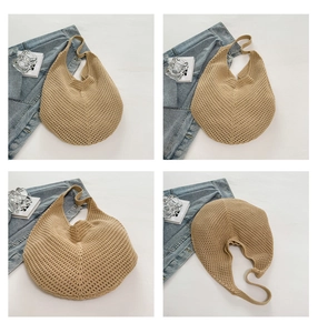 Detailed views of a khaki hand-woven tote bag with mesh texture and slouchy design