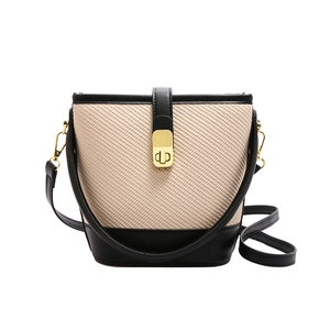 Modern bicolor bucket bag with beige canvas texture and black leather accents for women