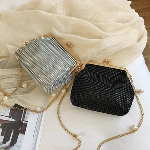 Women Rhinestone Evening Bag With Artificial Pearl Chain Strap Elegant Kiss-Lock Clutch For Wedding Party Crossbody Handbag
