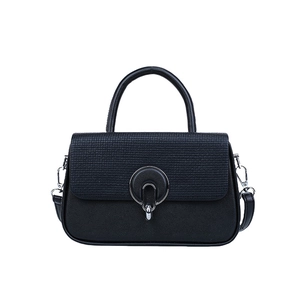 Minimalist black faux leather handbag with textured flap and silver metal buckle closure