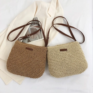 Women Straw Woven Shoulder Bag With PU Leather Strap Half Moon Beach Vacation Casual Lightweight Summer Fashion Handbag