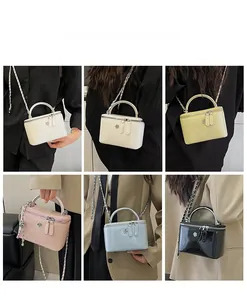 Collage of model wearing glossy chain crossbody bags in six vibrant seasonal colors